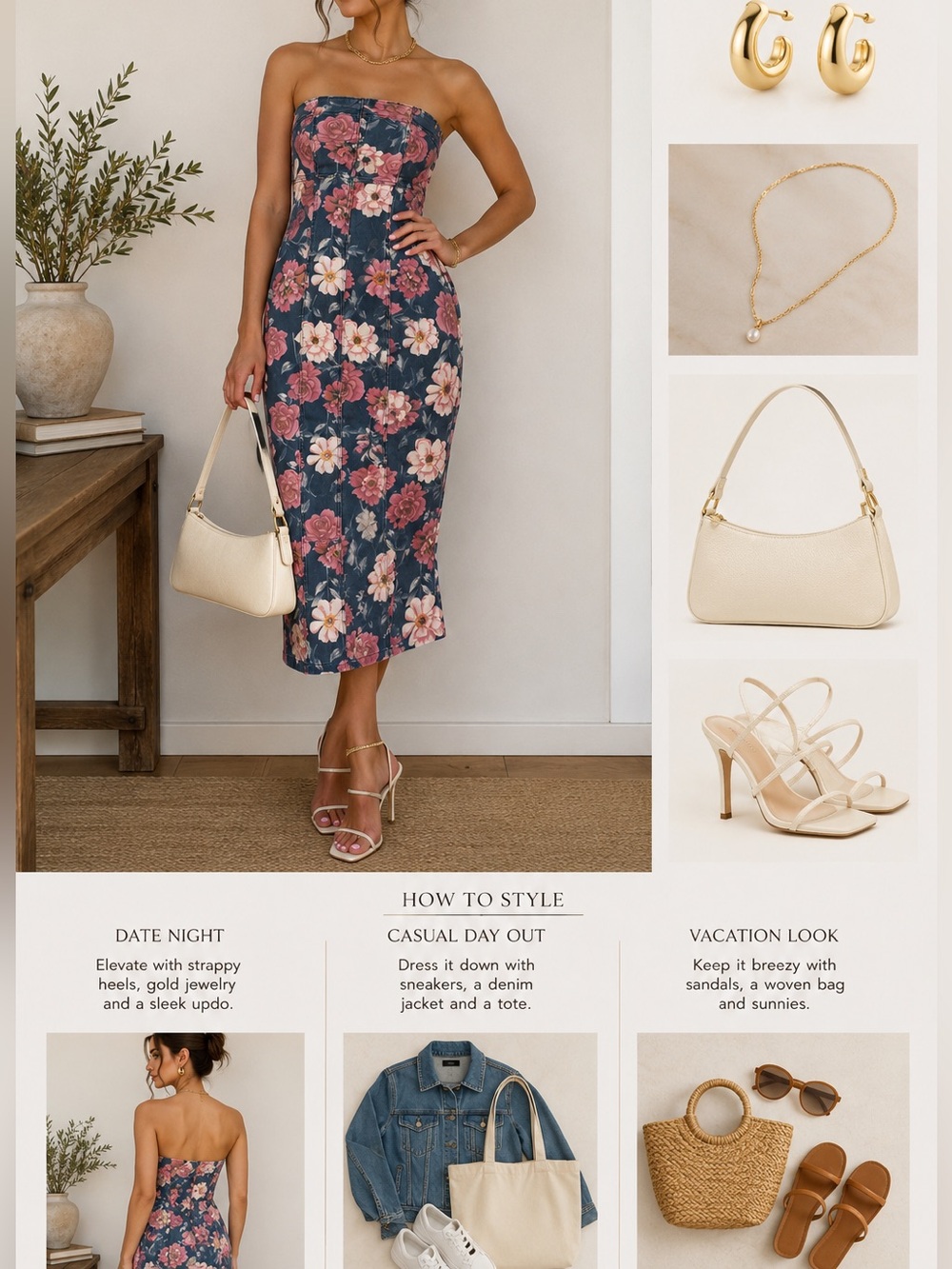 Driftwood Floral Strapless Midi Dress Blue Pink Denim Cotton Blend L